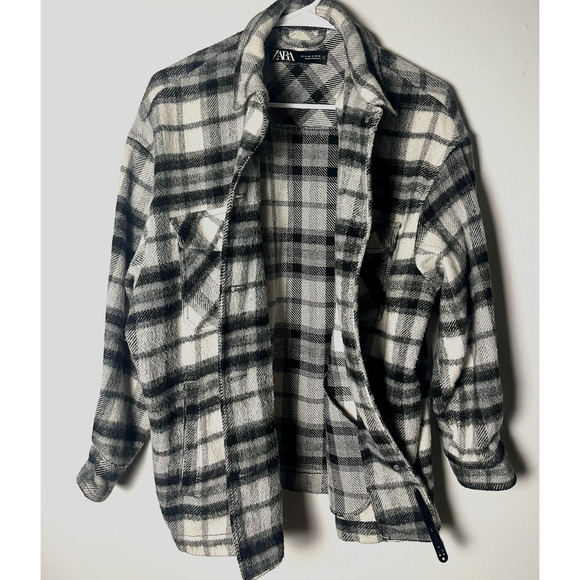 Zara Black and White Plaid Wool Blend Oversized Shirt Jacket M Comfy Shacket - Picture 3 of 9
